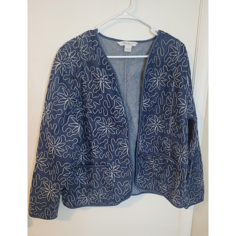Women's Tanjay Embroidered Denim Jacket Size Large Blue White Cotton Blend